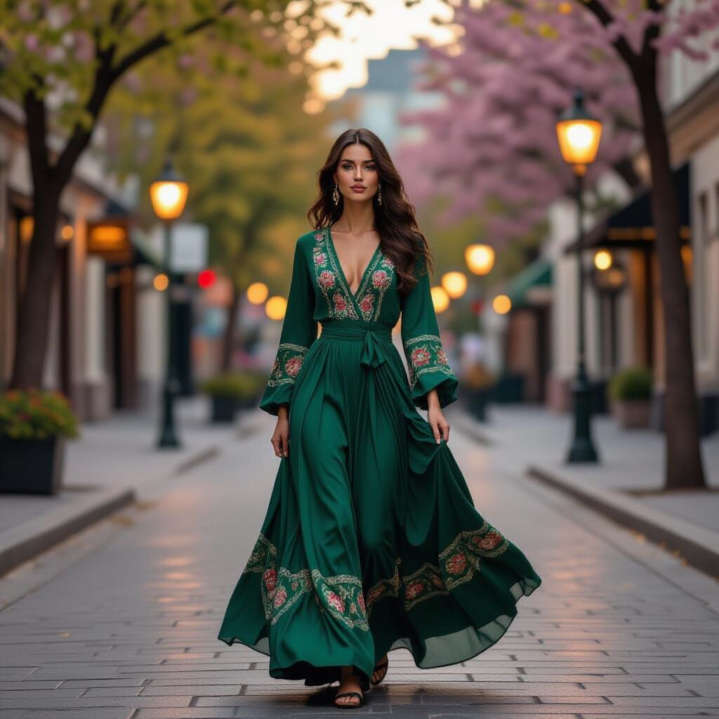 Elegant Woman in Green Dress on Spring Street