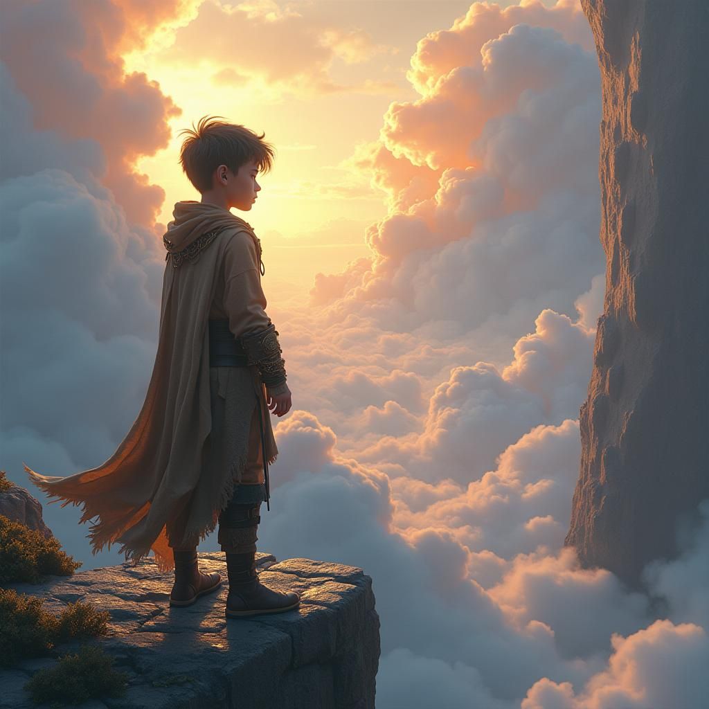 Youthful Hero at World's Edge in Digital Art Style