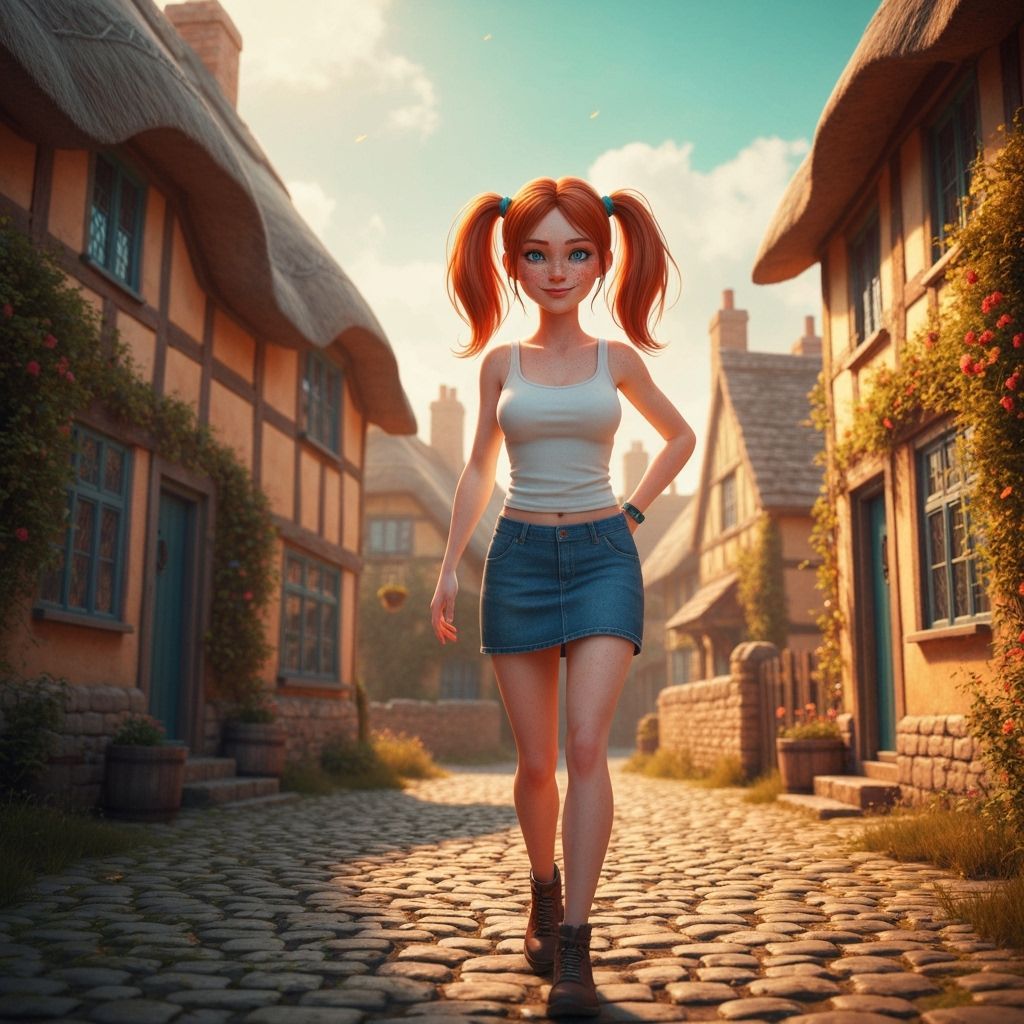 Red-Haired Woman in English Village, Concept Art Style