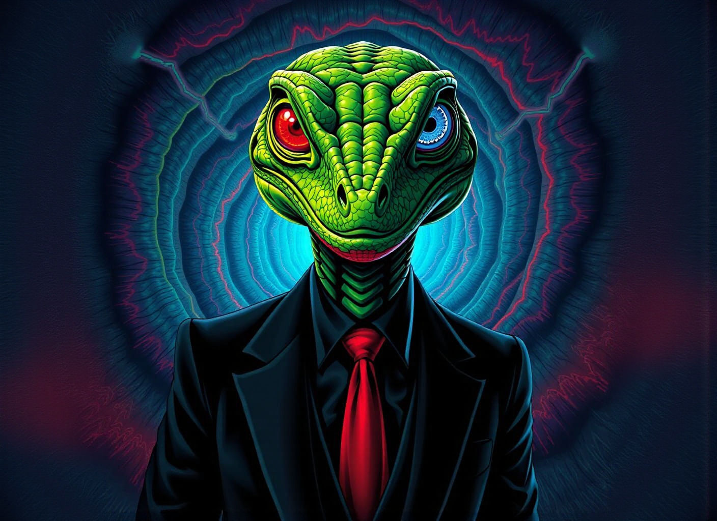 Lizard Man in Suit Stares From Swirling Vortex