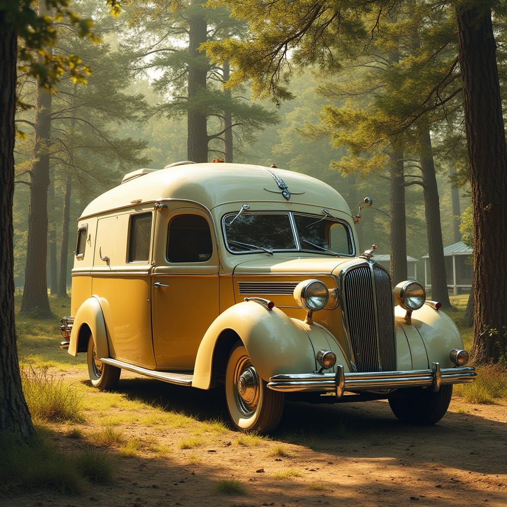 Vintage 1937 Packard Motor Home in Rustic Campsite