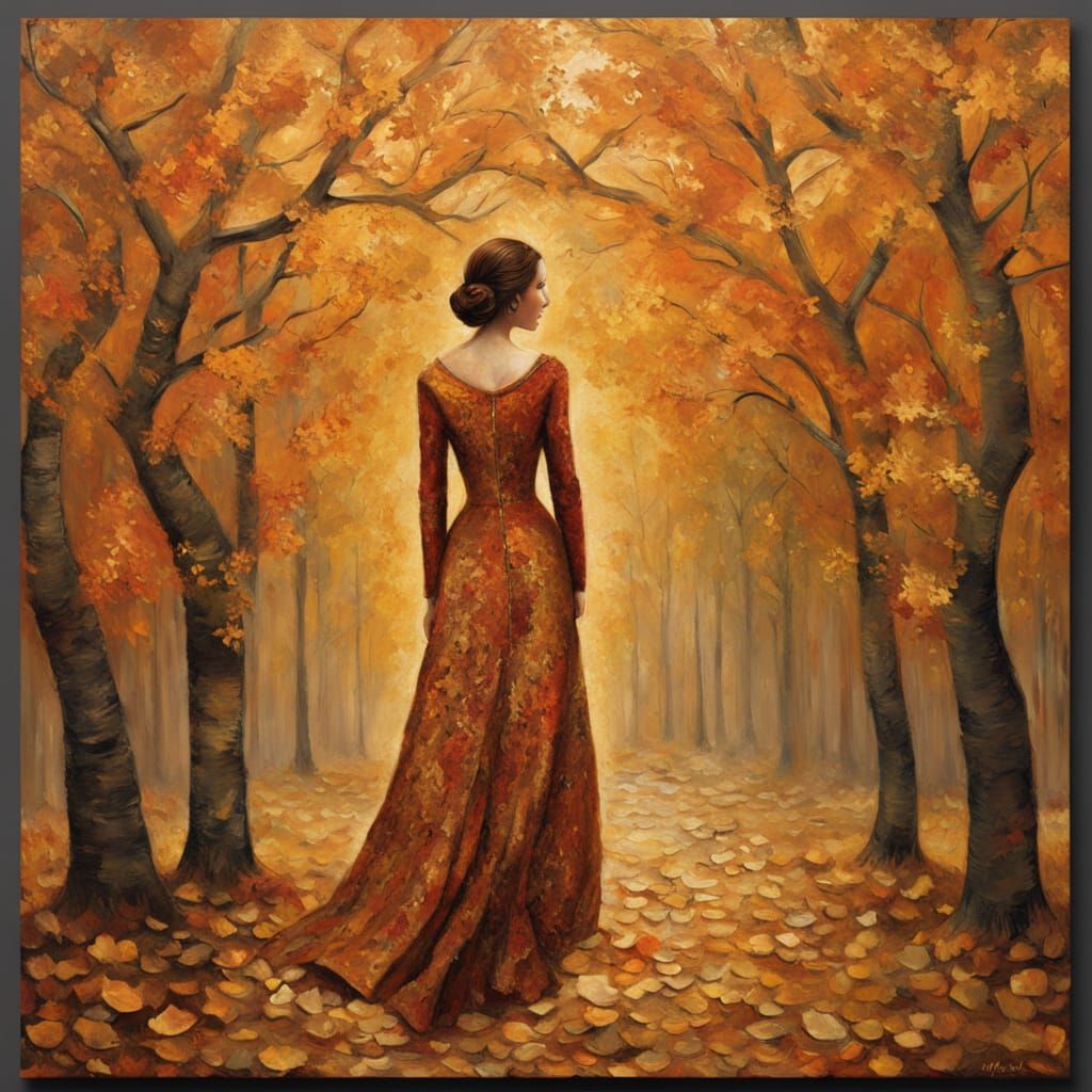 Neo-Impressionist Autumn Forest Scene with Golden Accents