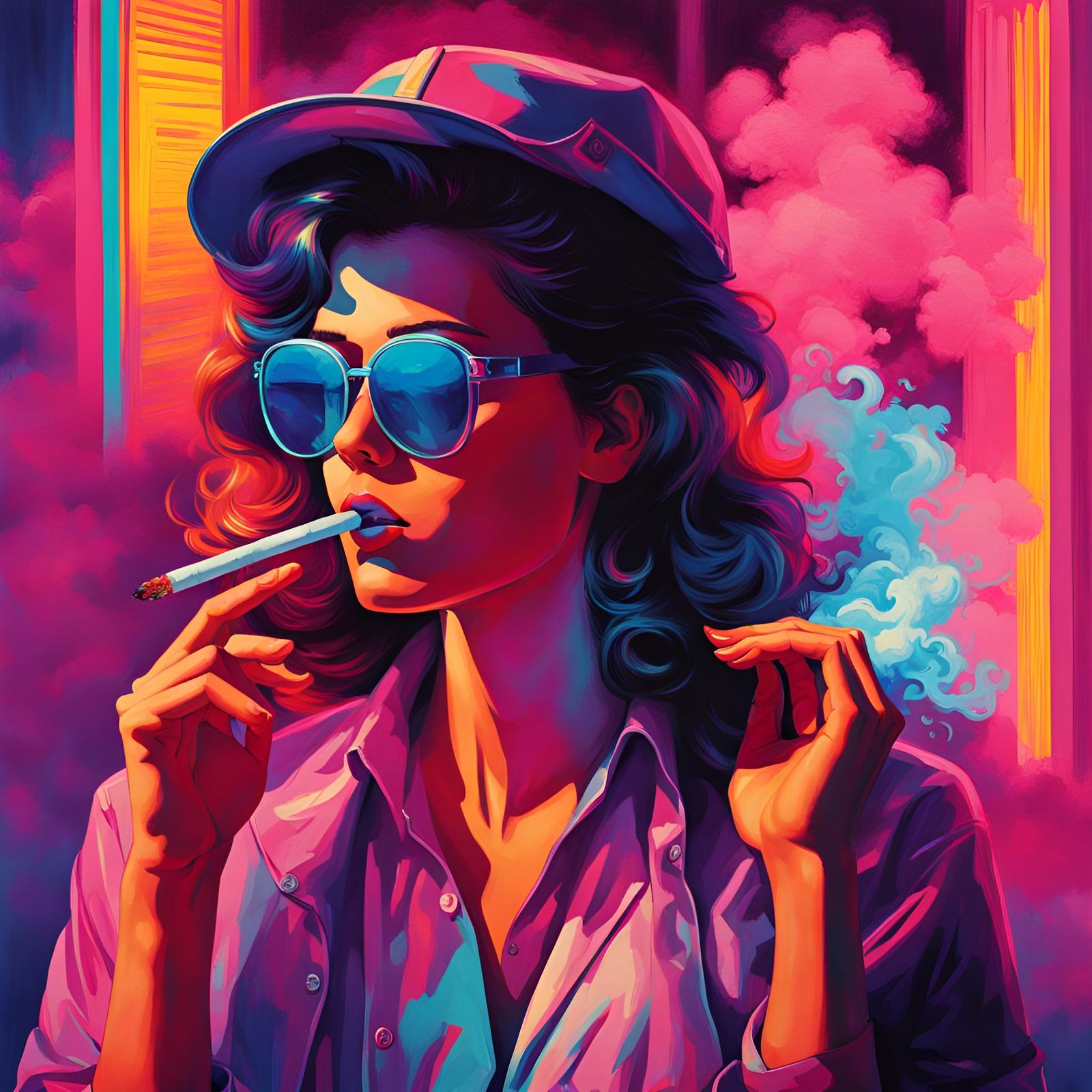 Vaporwave Woman Smoking: Retro Neon Portrait