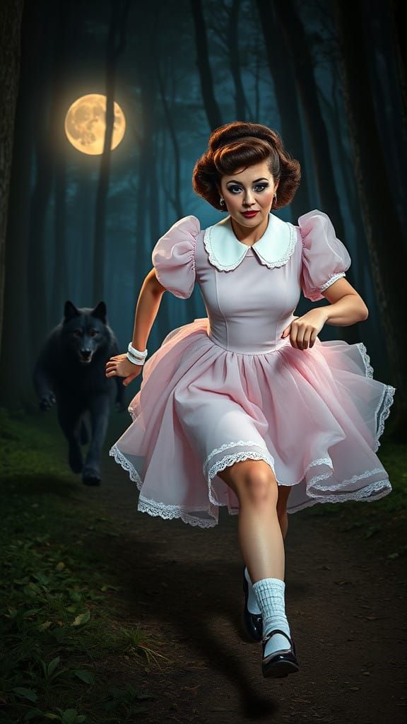 Woman in Whimsical Nighttime Forest Chase Scene in Cinematic...