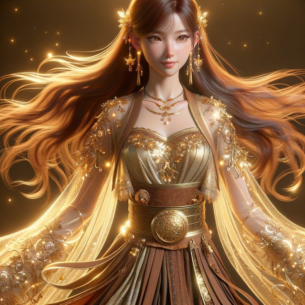 Radiant Anime Heroine in Ornate Golden Attire