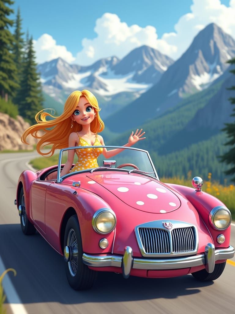 Melonie Charm Drives Pink MGA on Alpine Road in 3D Anime Sty...