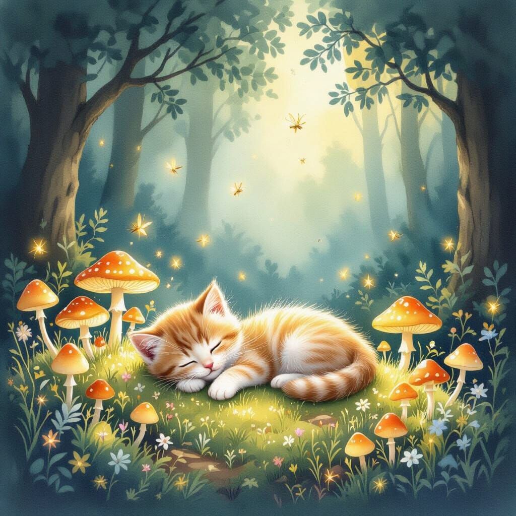 Enchanted Kitten Napping in Magical Forest