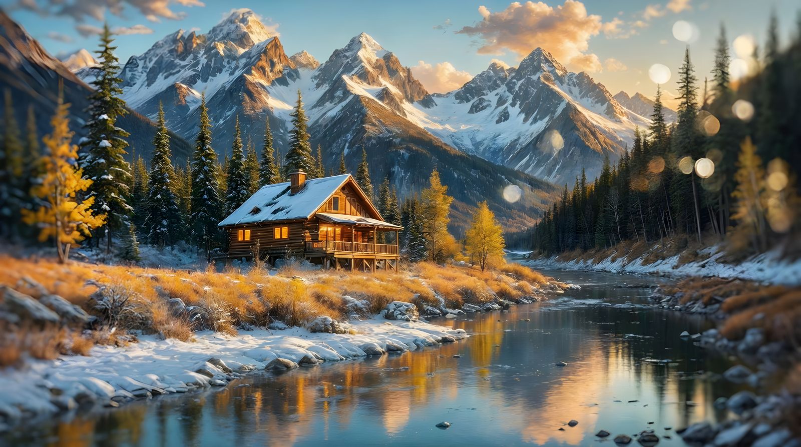 Alaskan Mountain Cabin by River in Golden Hour Oil Painting