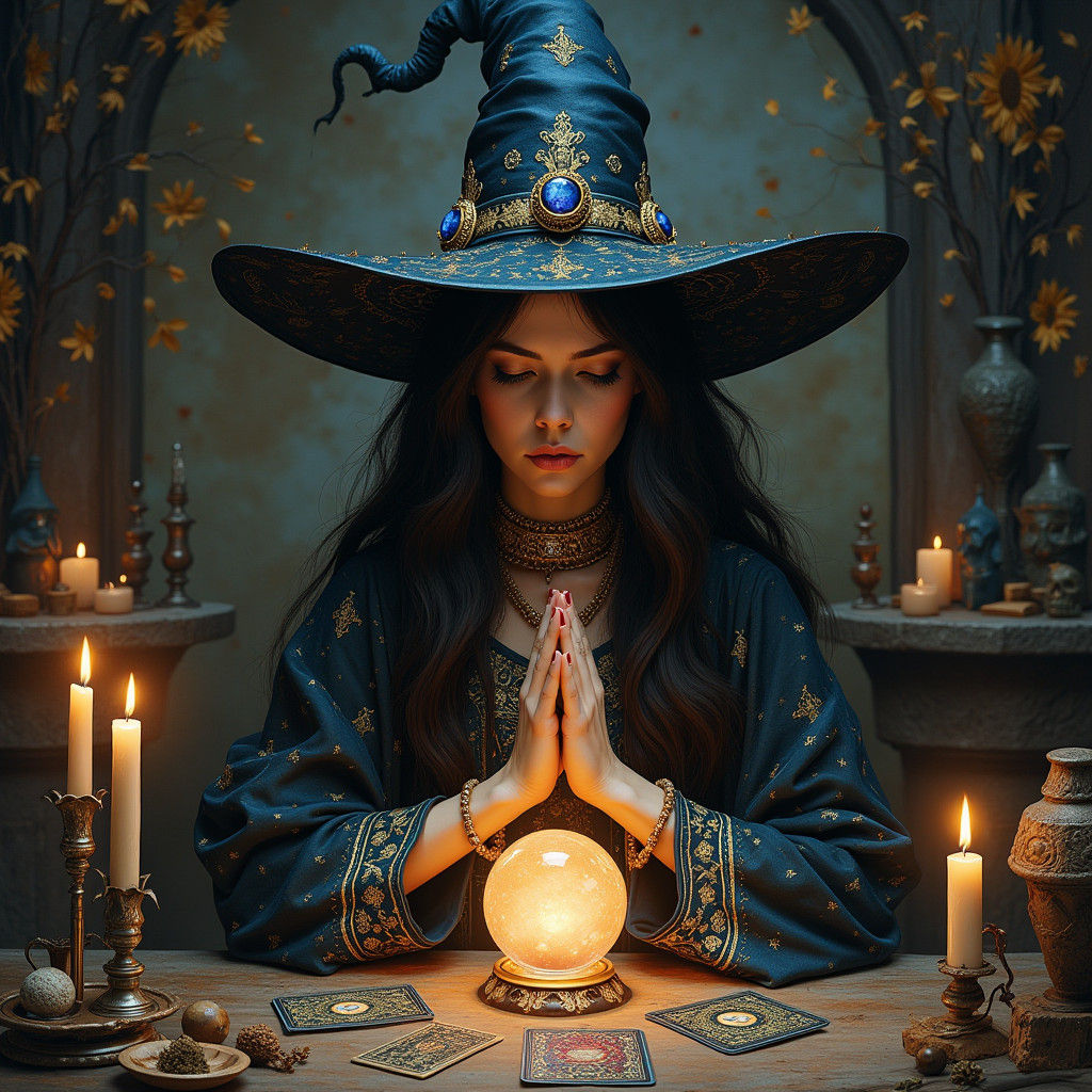 Mystical Witch Praying in a Surreal Chamber