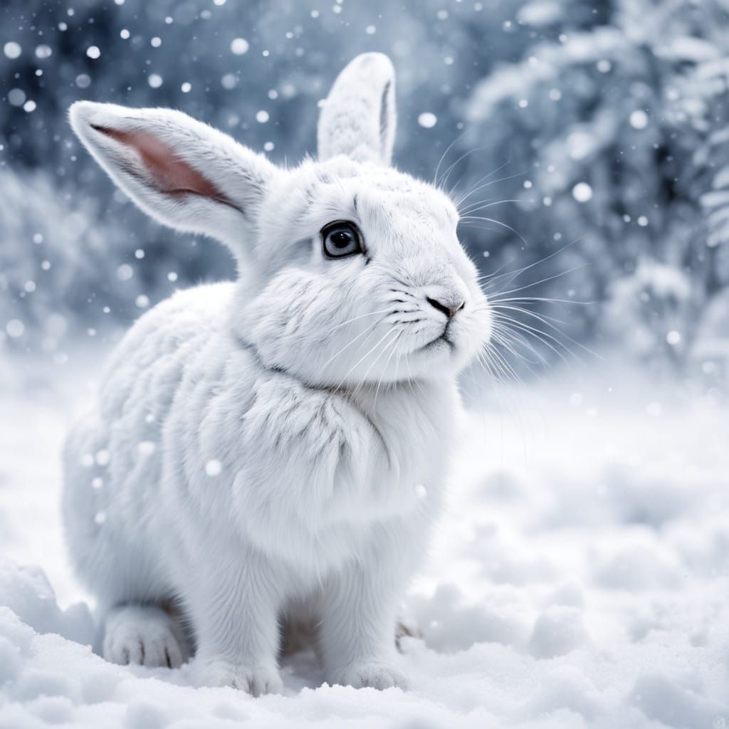 A Fluffy White Hare Hides in the Snowy Landscape