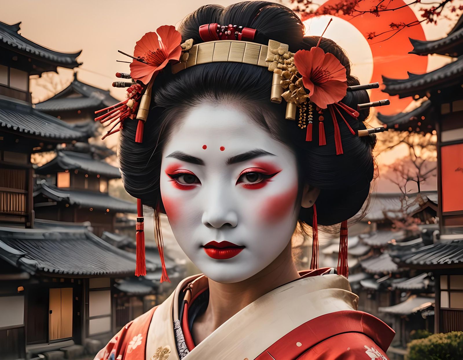 Geisha Portrait with Rising Sun and Village