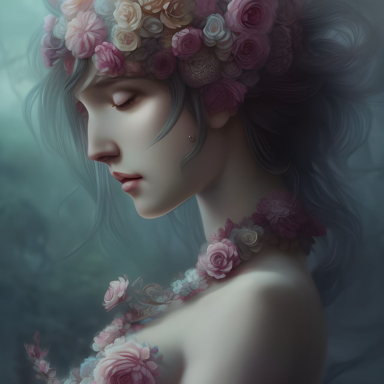 Rococo Flower Woman Digital Portrait