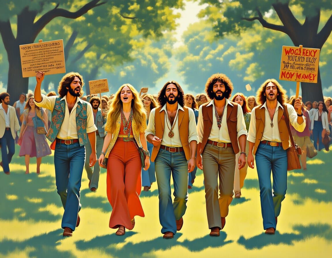 Hippies Singing in Park as Rockwell Illustration