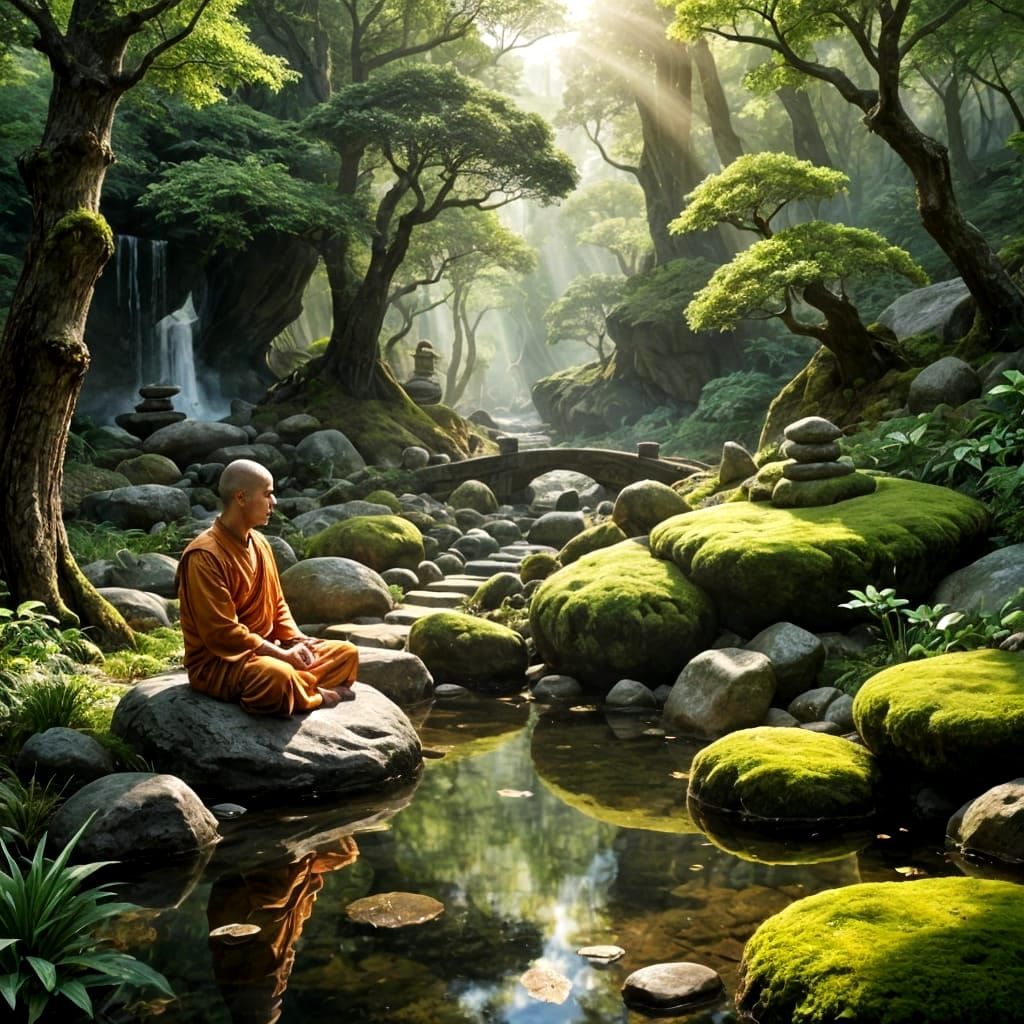 Meditating Monk in Serene Zen Forest Garden