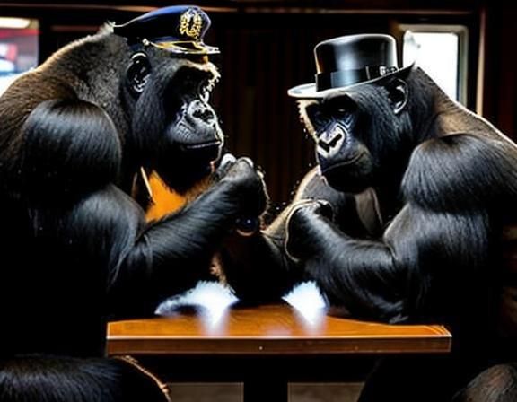 Gorillas Arm Wrestling in Hats: A Rococo Raygun Gothic Scene