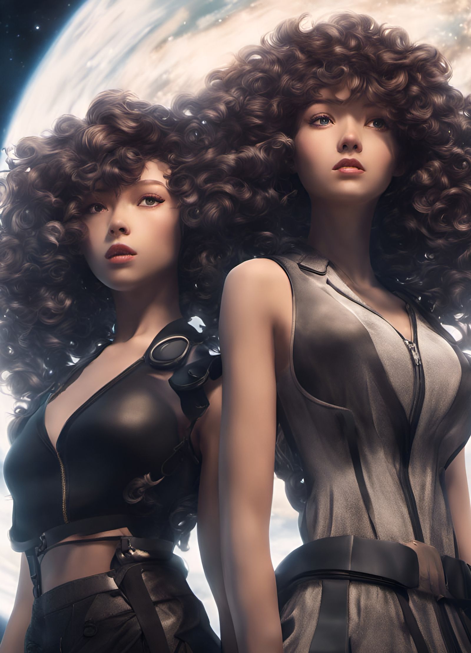 Anime Twin Girls in Space: Detailed Monochromatic Rendering