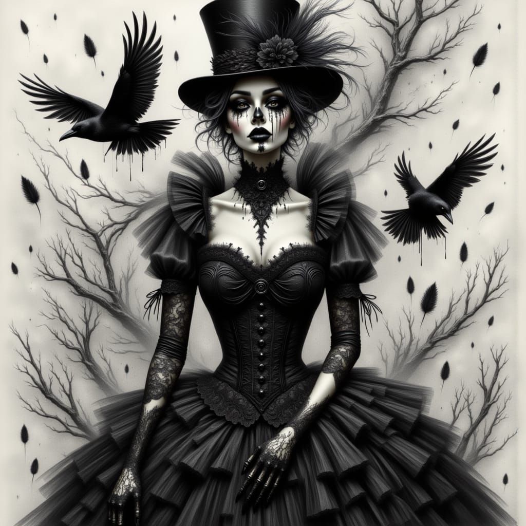 Gothic Woman in Victorian Dress, Neo-Traditional Tattoo Styl...