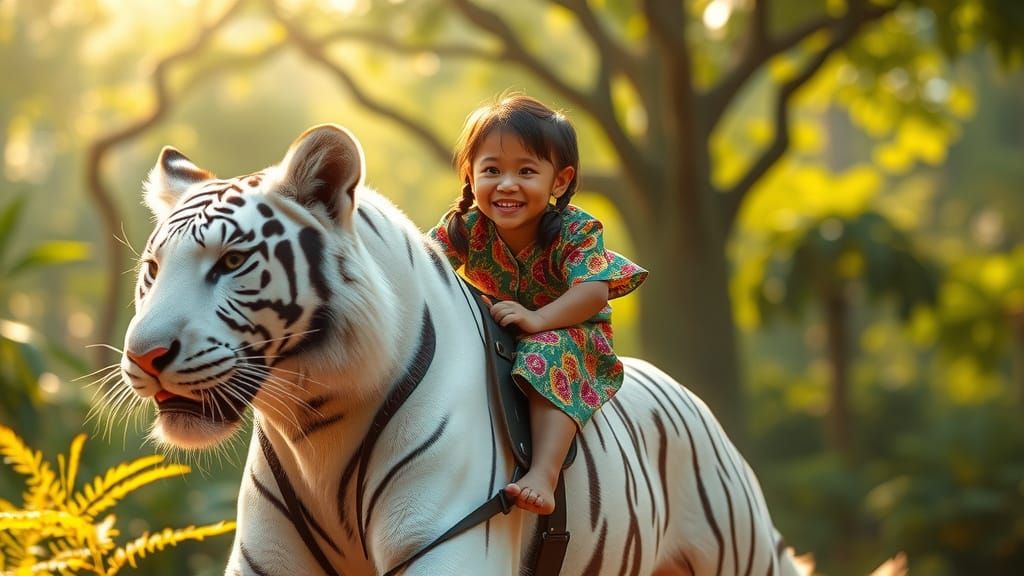 Indonesian Child Rides Majestic White Tiger Through Lush Lan...