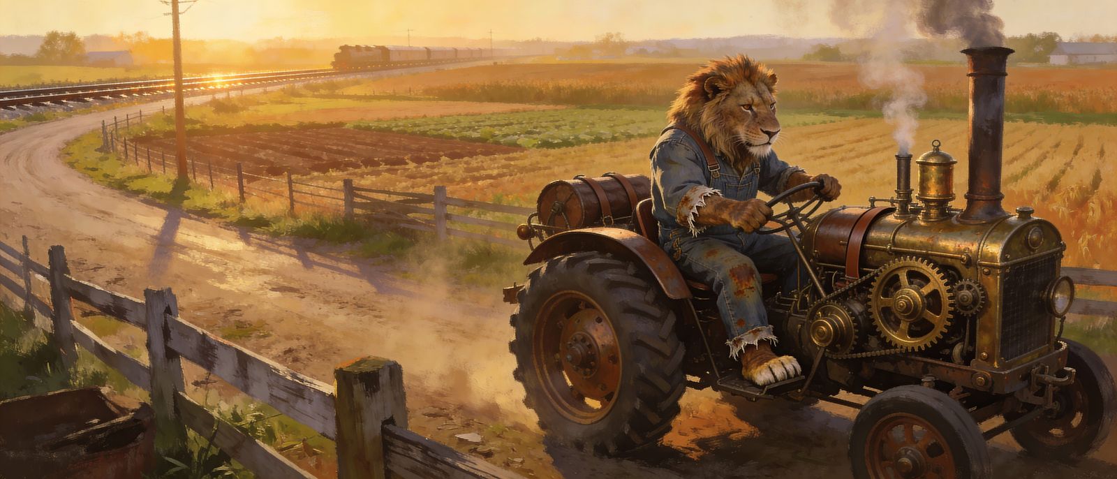 Lion Farmer Operates Steampunk Tractor at Dawn