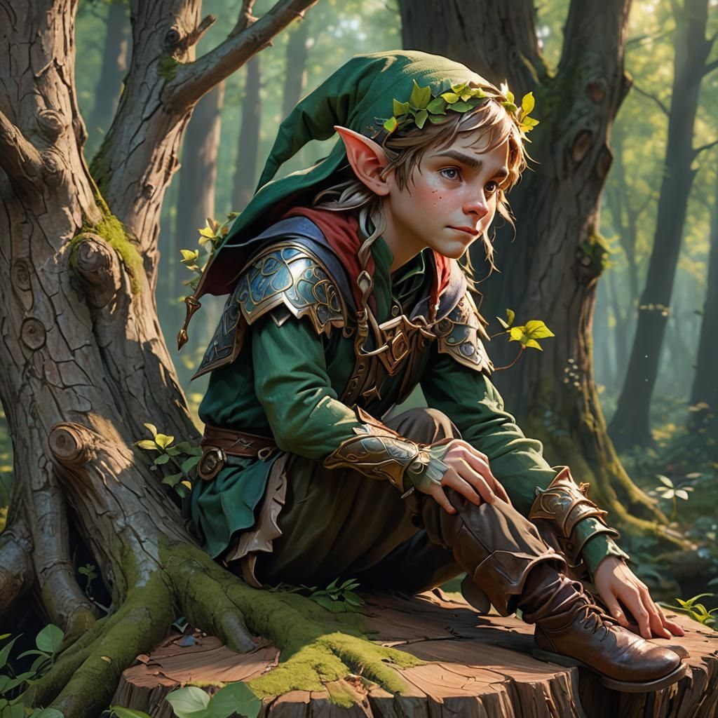 A little elf sitting on a tree stump  in the woods