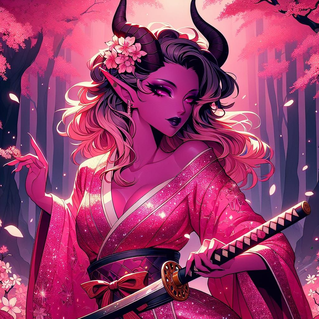 Tiefling Warrior in Cherry Blossom Forest: Manga Style