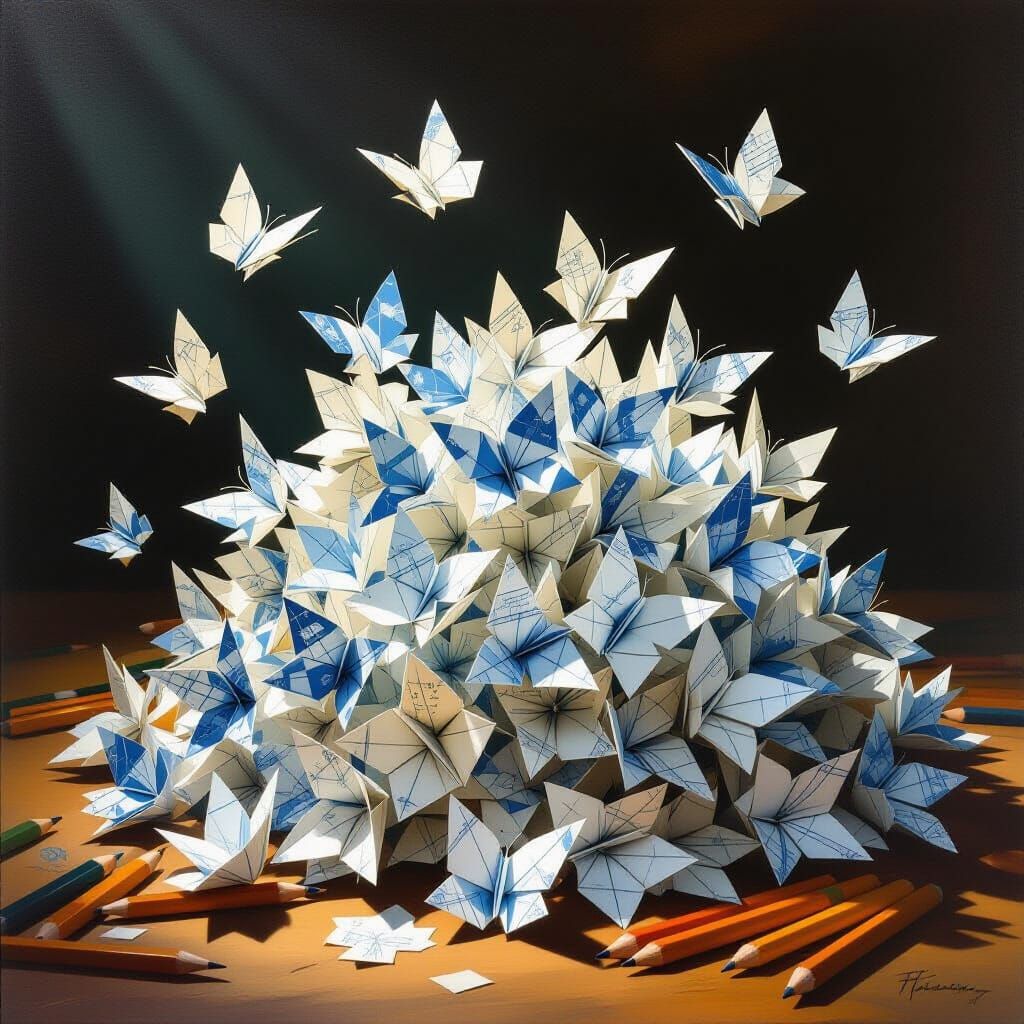 Origami Butterflies Emerge From Pencils in Whimsical Oil Pai...