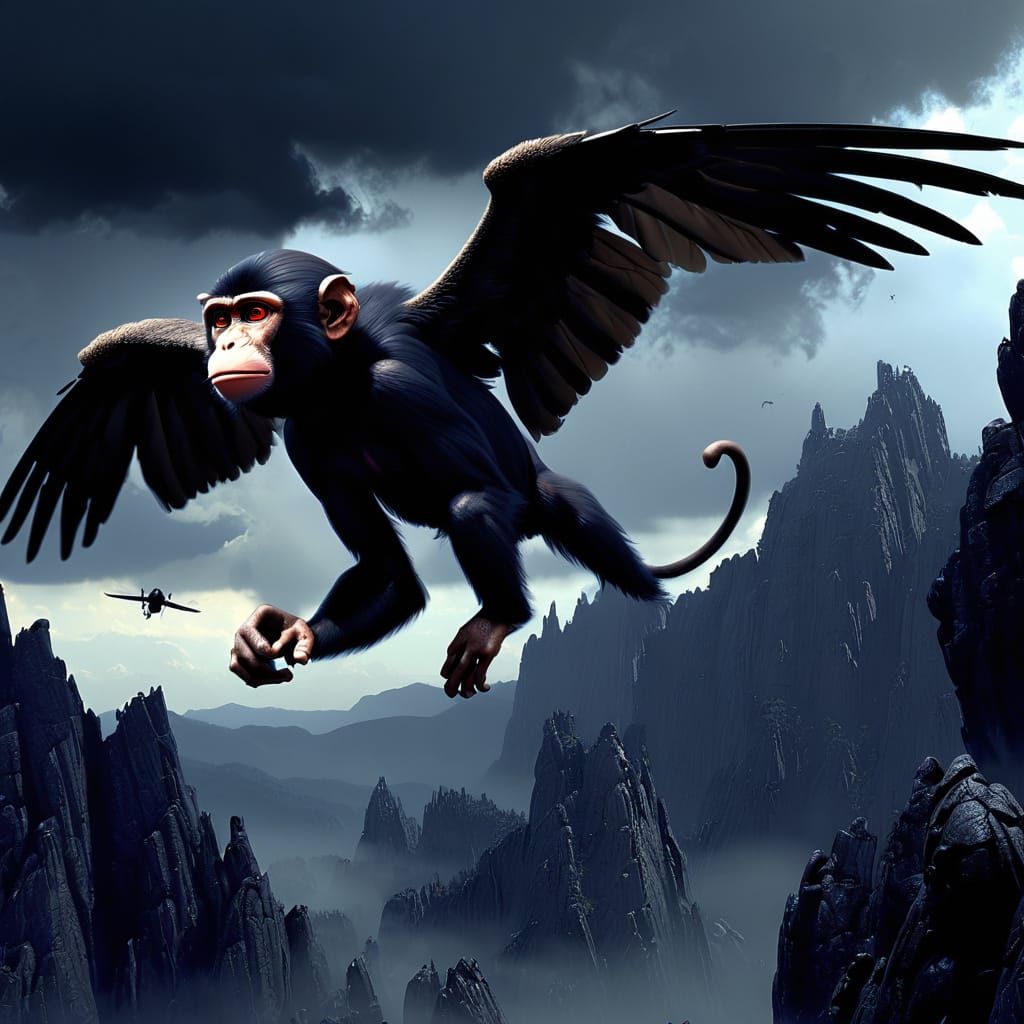 Winged Monkeys in Stormy Dark Fantasy Sky