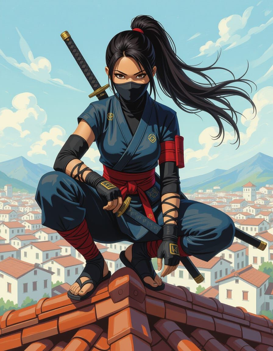 Female Ninja on Rooftop, Detailed Stylized Painting