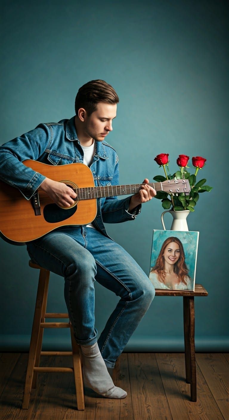 Romantic Guitarist in Dreamy Blue Haze