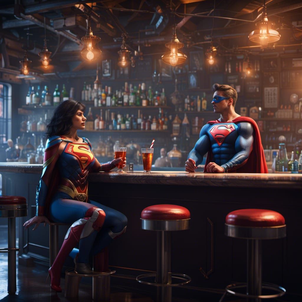 Superwoman and Superman at Bar: Detailed Matte Painting