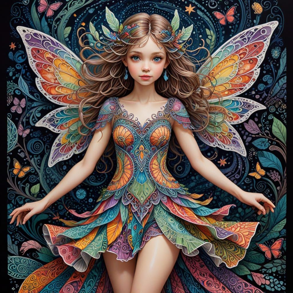 Cute Fairy in Whimsical Zentangle Art