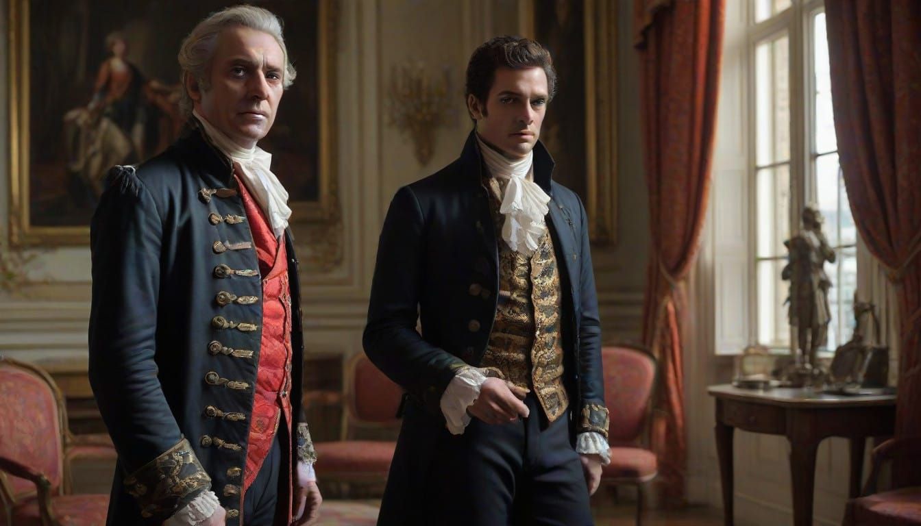 A Tense Encounter: Dimly Lit Drawing Room