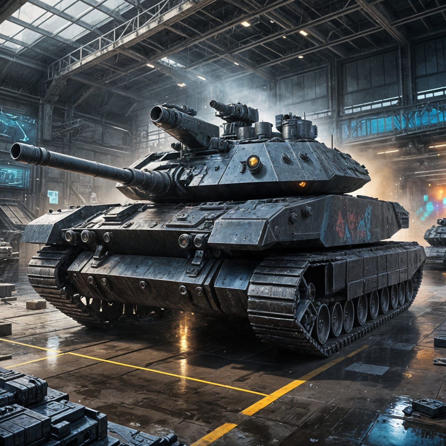 Futuristic Black M1 Abrams Tank in Military Base
