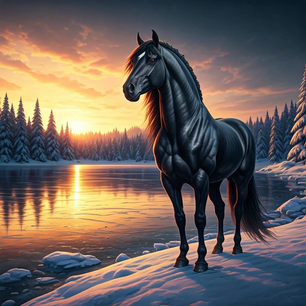 Black Horse by Frozen Lake, Dark Fantasy Art