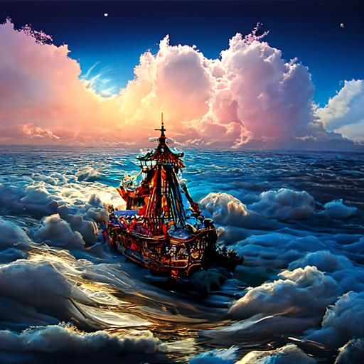 Pirate Ship Amidst Starry Seas and Clouds