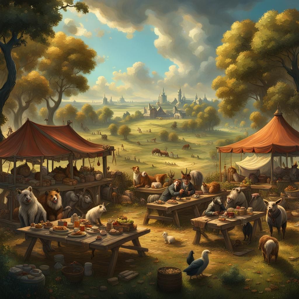 Animal Farm Picnic: A Rousseau-Style Fantasy Painting