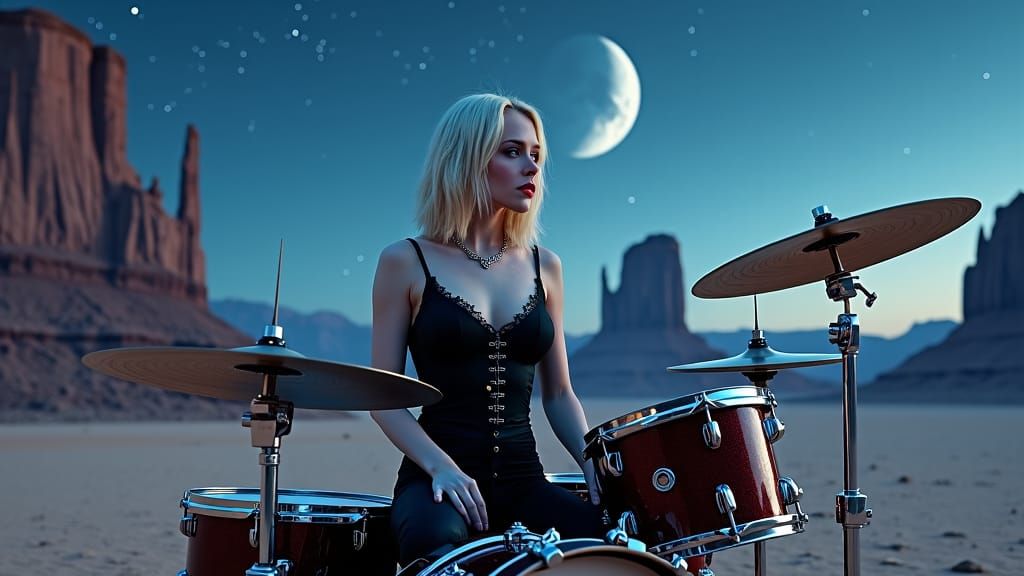 Gothic Woman Druming in Starry Desert