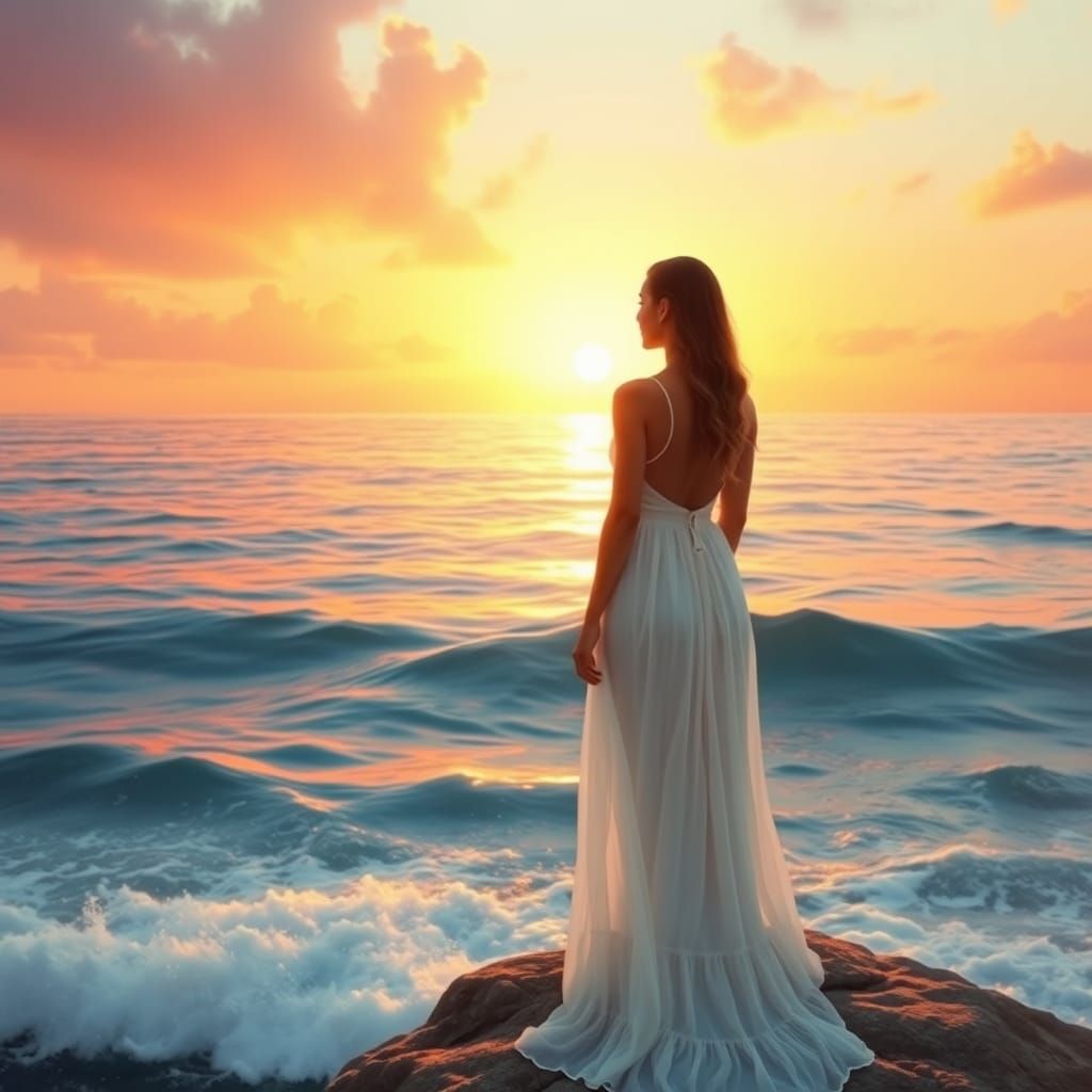Woman Watching Sunrise Over Ocean in Ethereal Style