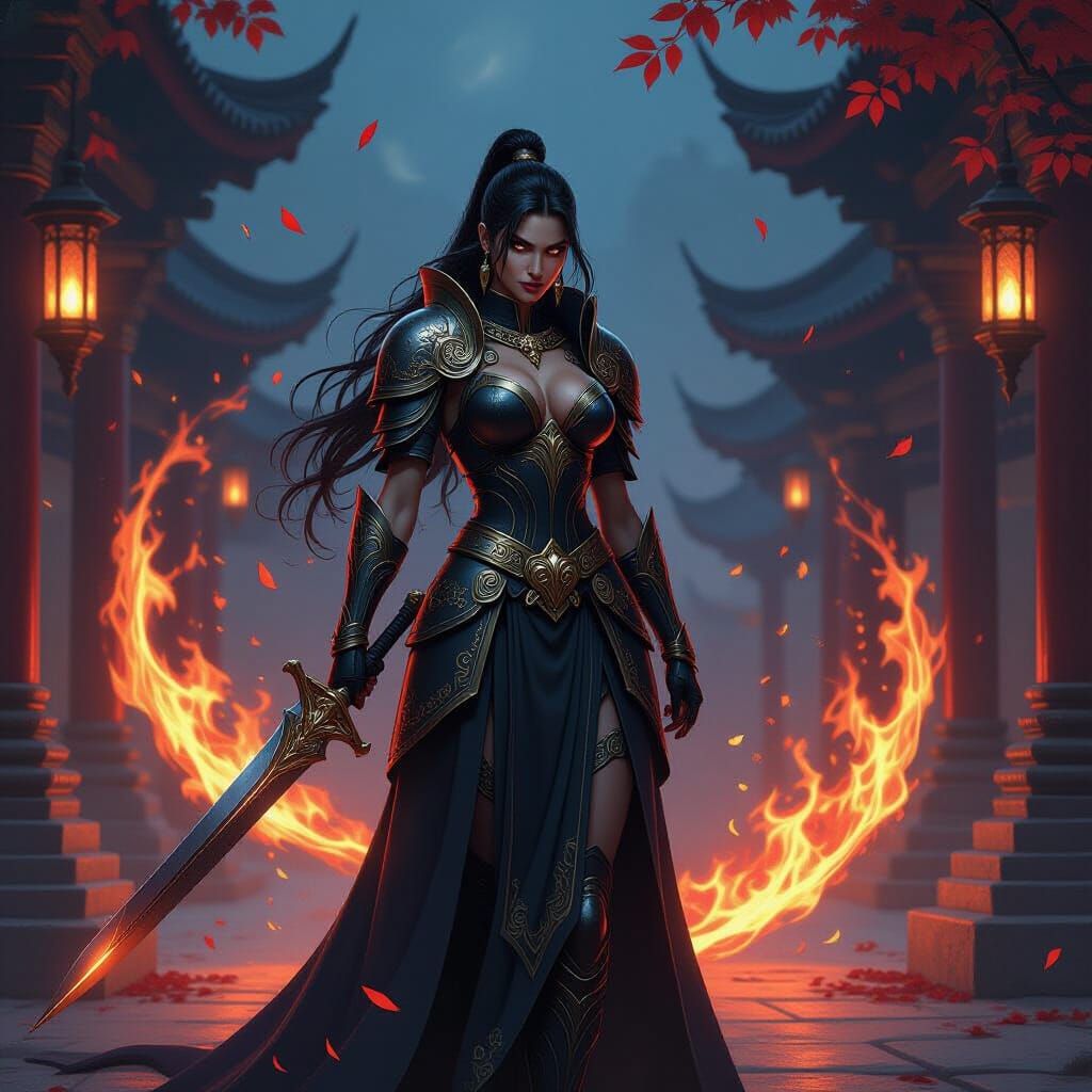 Warrior in Temple Courtyard with Fiery Leaves