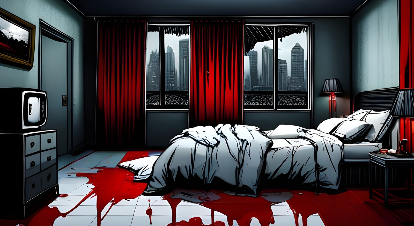 Eerie Bedroom with Red Accents, Anime Visual Novel Style