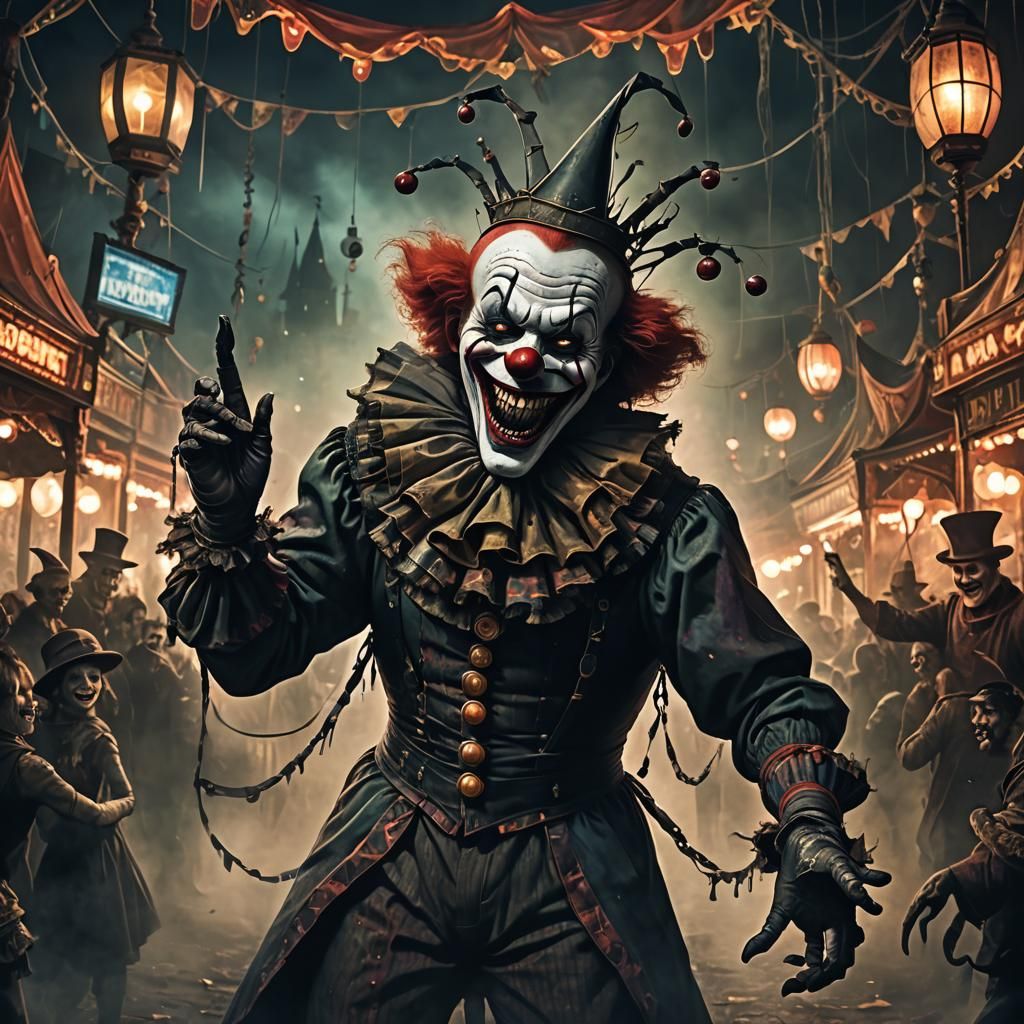 Menacing Clown in Dark Fantasy Carnival Style