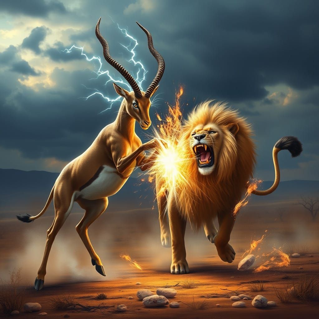 Ethereal Fantasy Gazelle Defeats Lion in Thrilling Savanna B...