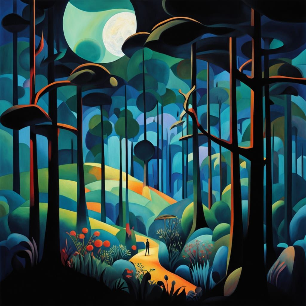 Surreal Moonlit Forest in Cubist Art Deco Style