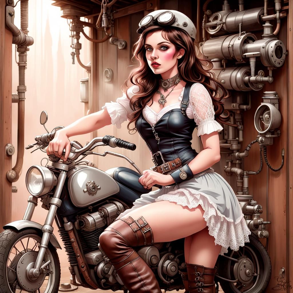 Steampunk, pinup mechanic "biker chick." Vintage vibes.