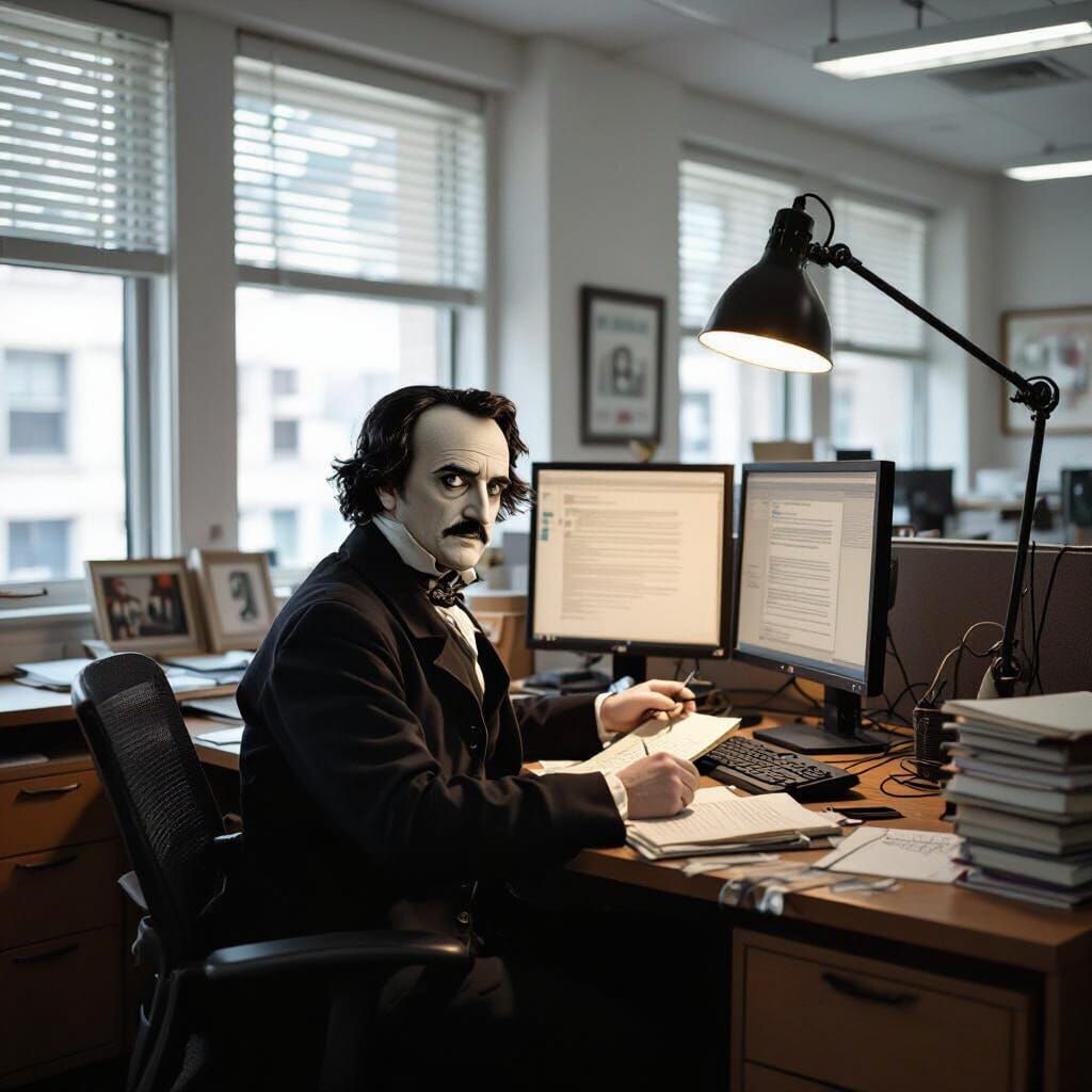 Edgar Allan Poe Overtime in Office Cubicle