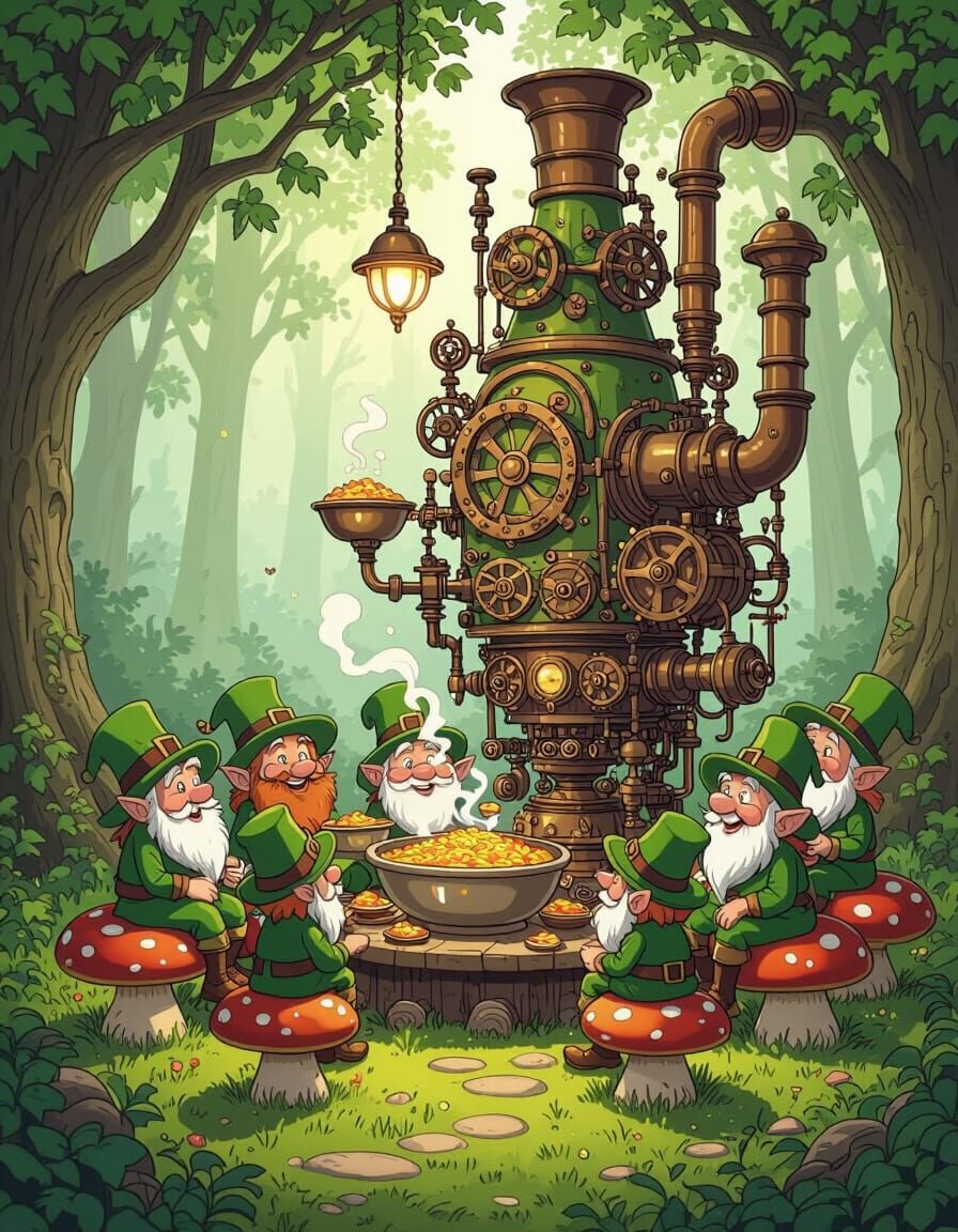 Leprechauns Dispense Irish Stew from Whimsical Machine