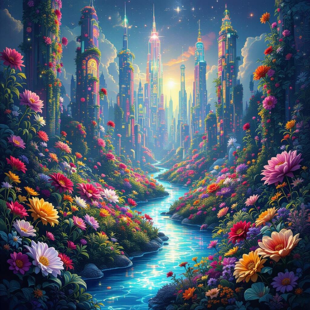 Vivid Floral World with Bioluminescent Flora