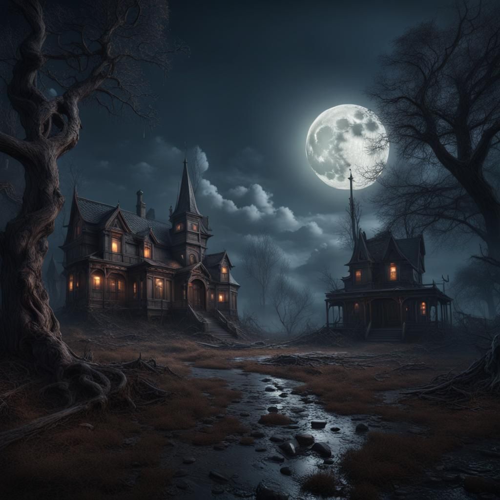 Eerie Full Moon Horror in Detailed Matte Painting