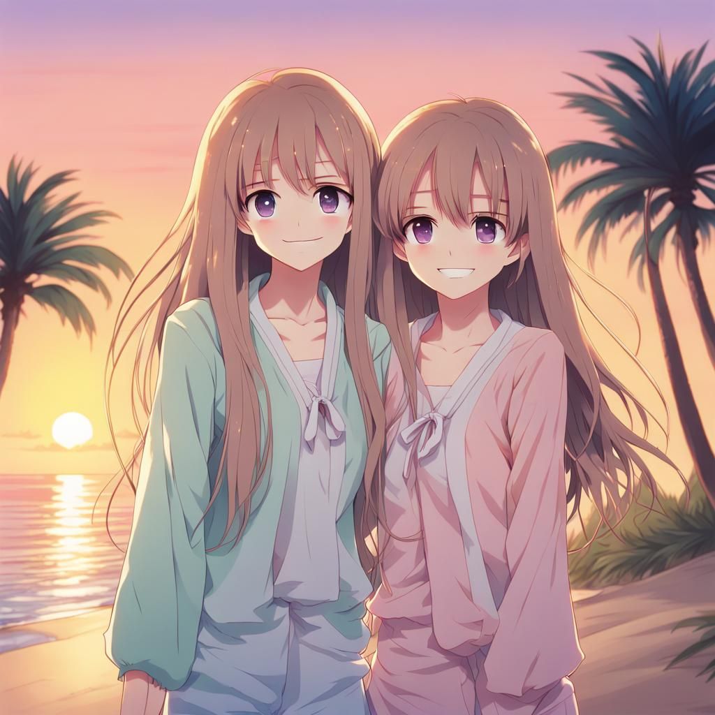 Sisters on Beach at Sunset in Anime Style