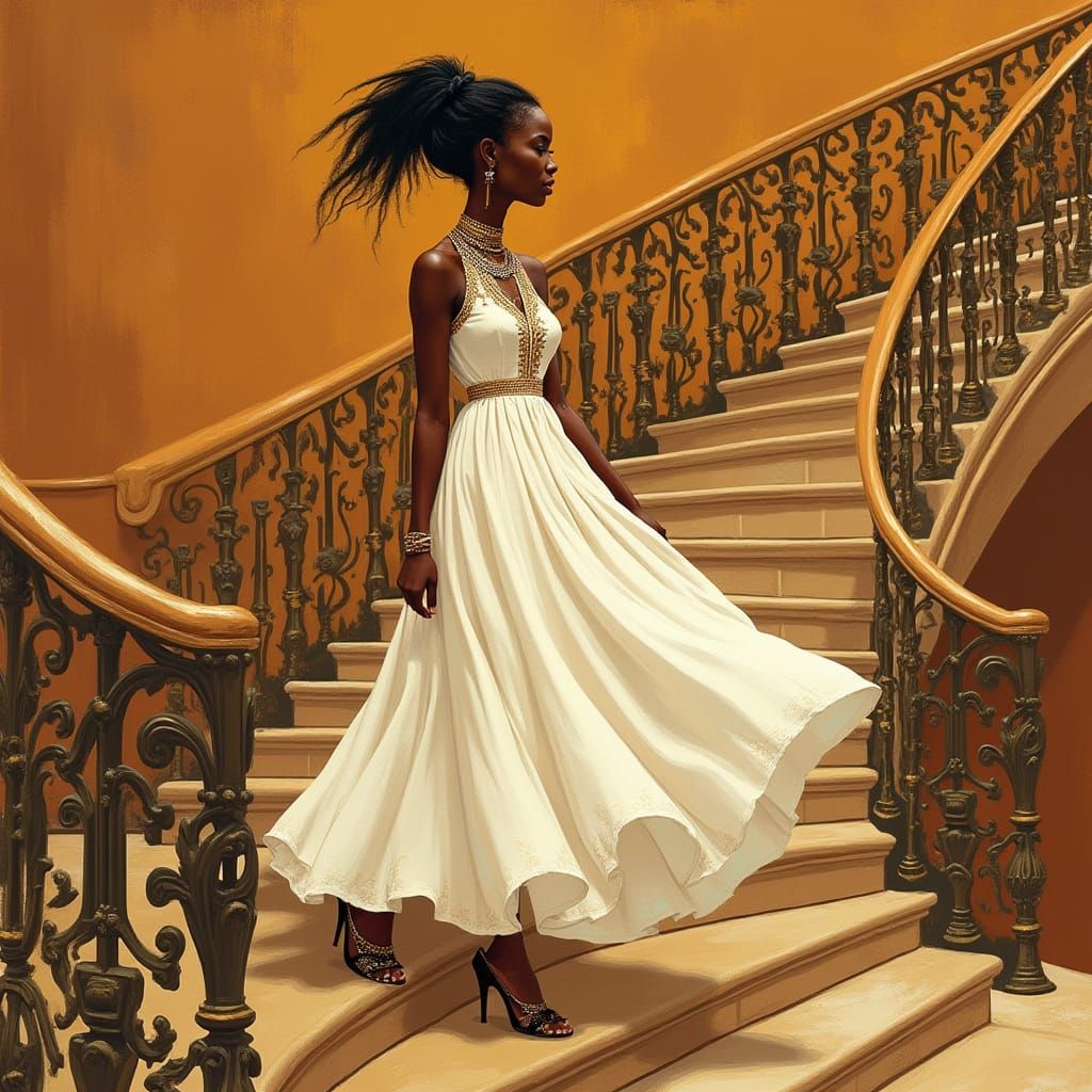 Elegant Woman Ascends Grand Staircase in Whimsical Art Style